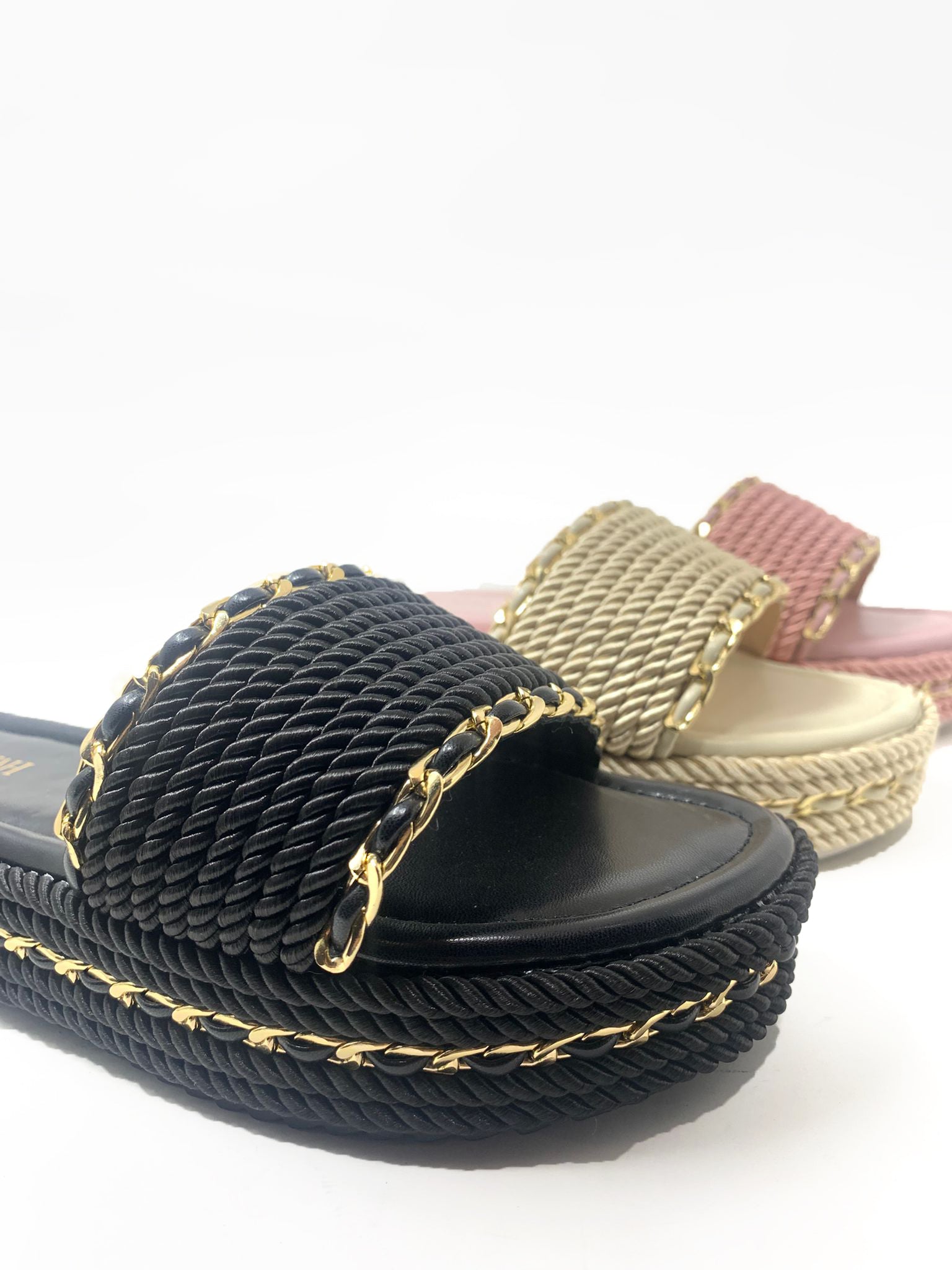 WANT YOU Rope Chain Slides – Black & Gold Luxe Flat